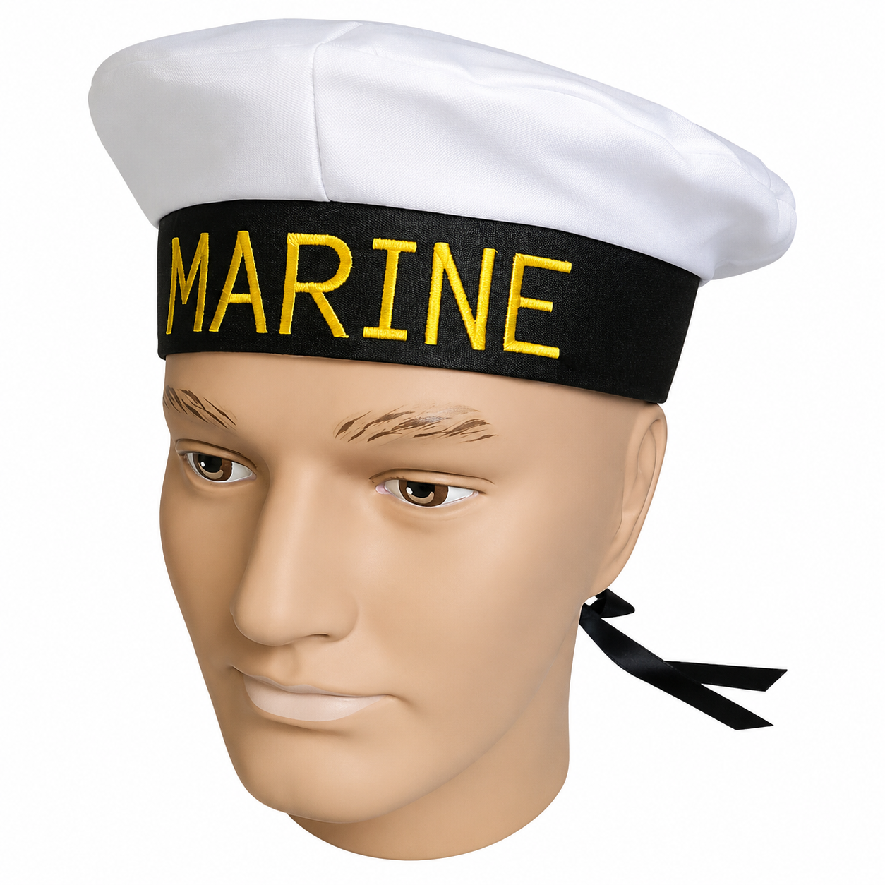 Marine Sailor Costume Hat β White Nautical Cap with Black Band and Gold Embroidery